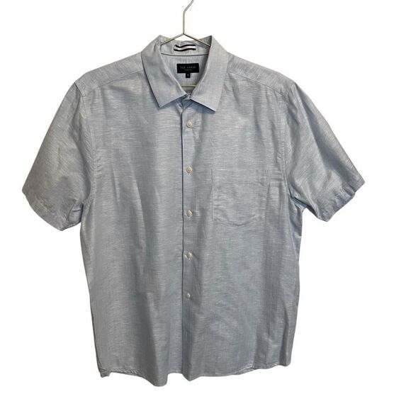 Ted Baker Light Blue Short Sleeve Button Down Linen Cotton Blend Shirt Size 5 - Picture 1 of 7